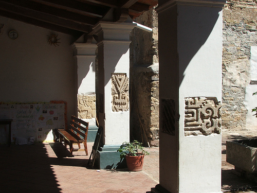 Church courtyard with stones from ancient Zapotec temple